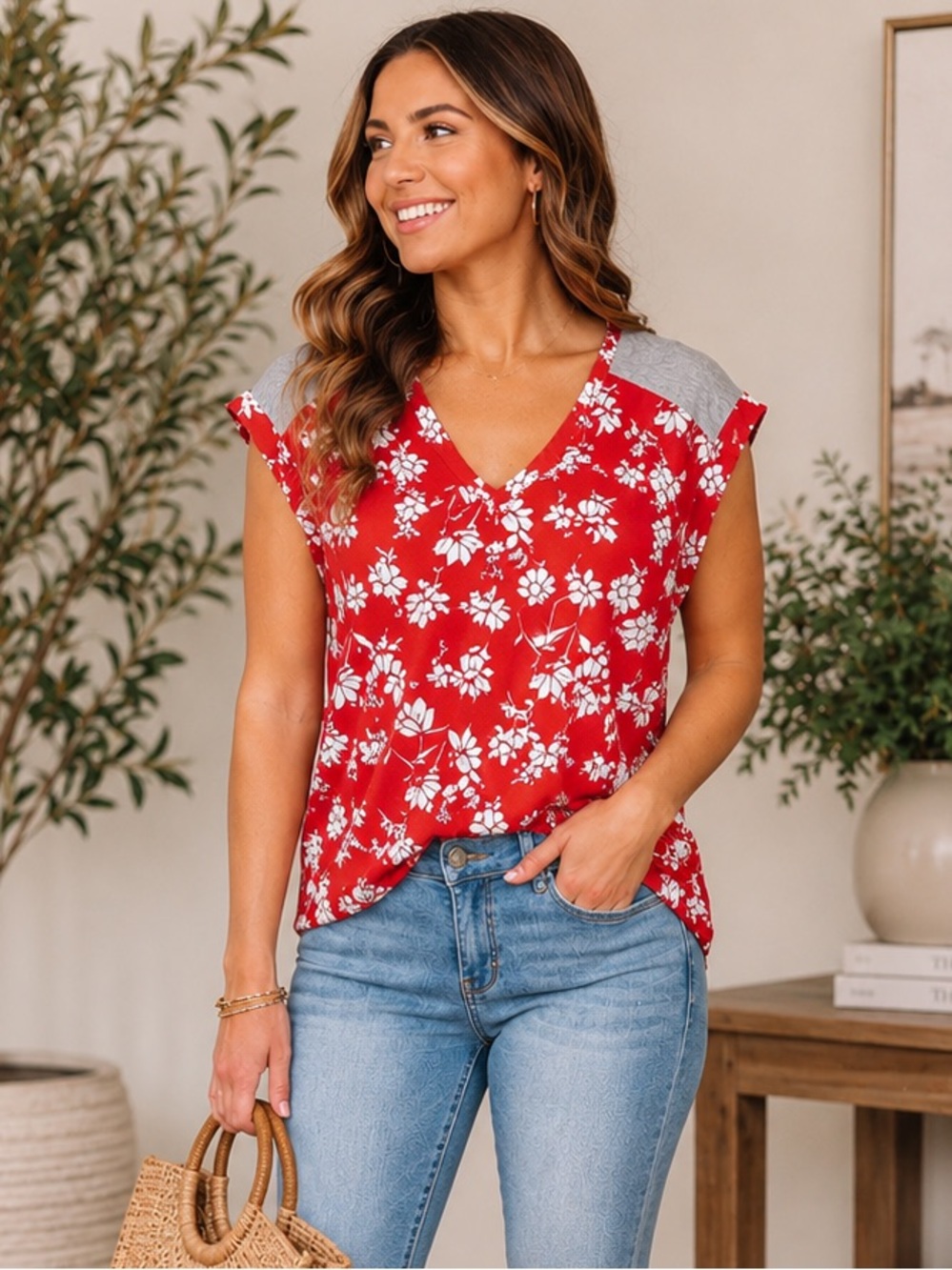 ♥️ Fortune + Ivy Floral Tie Back Mixed Material Top | Small | Red & White Floral